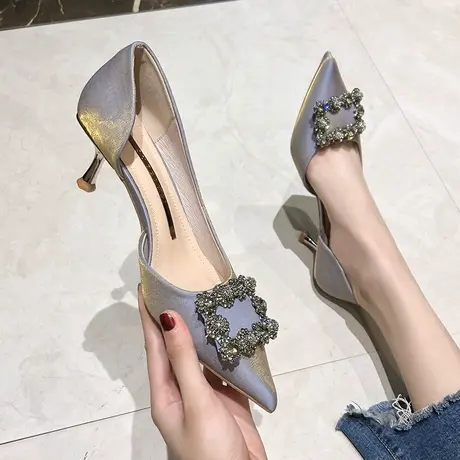 尖头高跟鞋女细跟2024春季新款仙女风方扣水钻单鞋性感气质宴会鞋图片