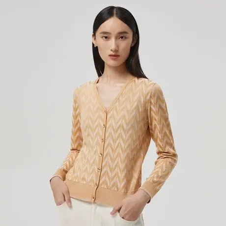 LANCY/朗姿秋季新款印花针织开衫长袖显瘦撞色短款毛衣女奥莱商品大图