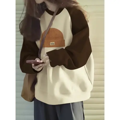 慵懒圆领无帽卫衣女加绒加厚宽松秋冬装韩版百搭撞色插肩袖上衣服商品大图