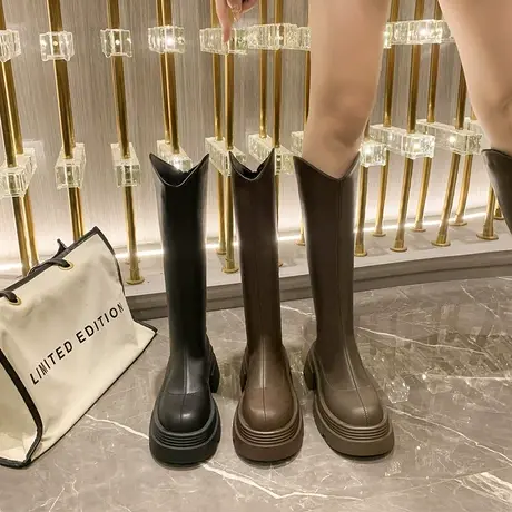 长筒靴女2023年冬季保暖复古高跟不过膝靴小个子厚底增高骑士靴潮商品大图