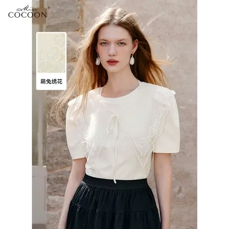 missCOCOON刺绣大翻领短袖t恤女装2023夏装新款减龄气质半袖上衣商品大图