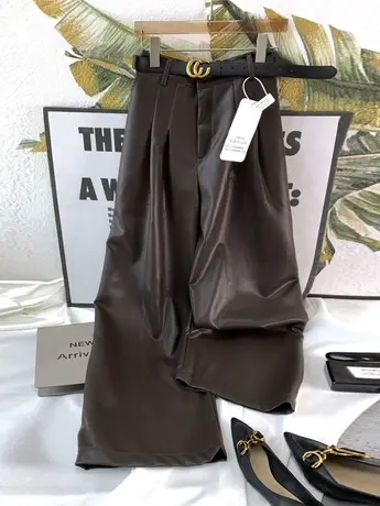 美式复古pu皮休闲裤女2023新款高腰显瘦百搭松紧腰宽松垂感拖地裤图片