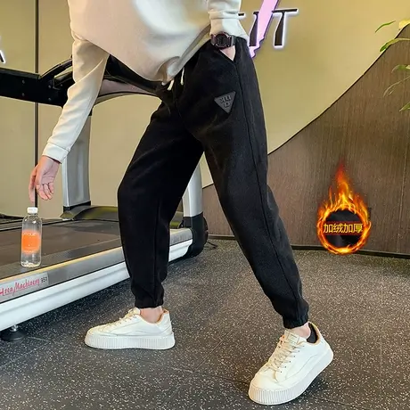 冬季加绒加厚纯色束腿裤痞帅ins潮牌小脚运动潮流松紧休闲裤卫裤商品大图