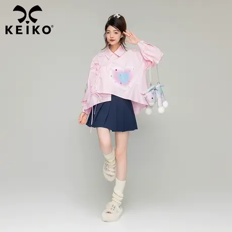 KEIKO 不对称设计粉色长袖衬衫女春季少女感织带泡泡袖上衣娃娃衫商品大图