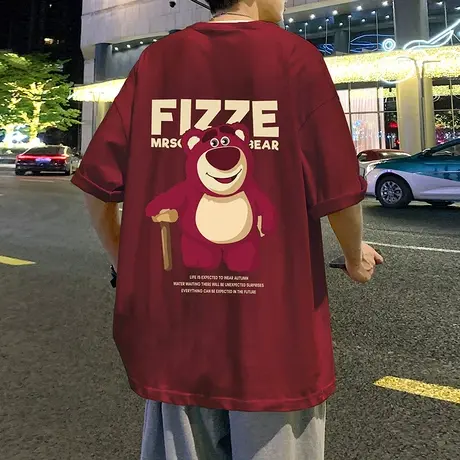 卡通草莓小熊短袖t恤男夏季新款情侣国潮宽松纯棉半袖港风体恤衫图片