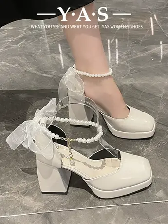 时尚高跟玛丽珍鞋女2024春季新款白色婚鞋法式松糕鞋粗跟小皮鞋潮图片