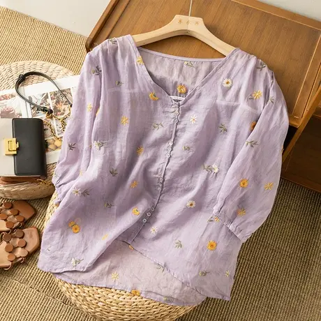 享永子七分袖苎麻刺绣绣花上衣女薄文艺复古棉麻小衫2023夏季新款商品大图