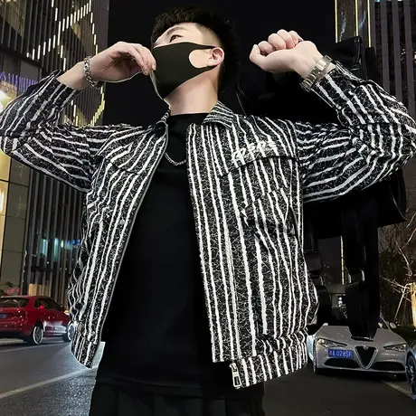 设计感撞色扎染条纹夹克上衣男春季潮流个性潮牌翻领痞帅工装外套商品大图