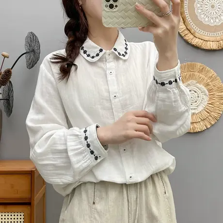 春秋新款韩版文艺小清新刺绣双层棉纱长袖衬衫女宽松百搭打底上衣图片
