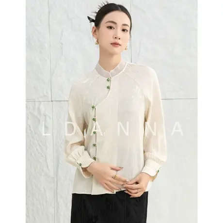 醋酸新中式女装中国风提花上衣2024新款斜门襟衬衫女圆领长袖衬衣图片