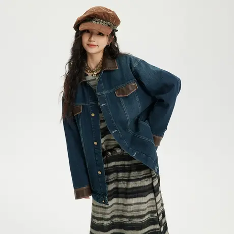 潮牌复古拼接牛仔外套女春秋新款美式情侣装宽松oversize夹克上衣商品大图