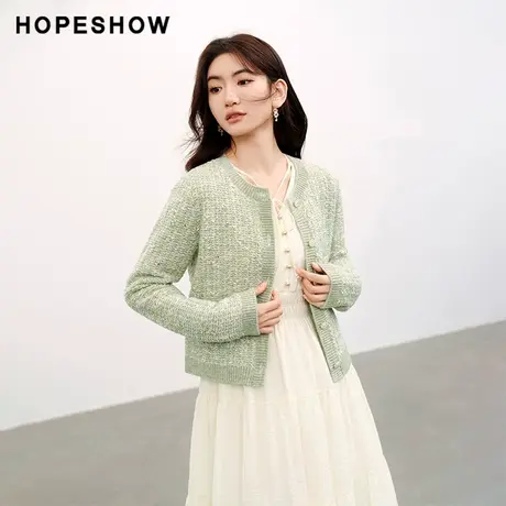 红袖亮丝花式单排扣针织衫hopeshow2024春季新款圆领薄款开衫女图片