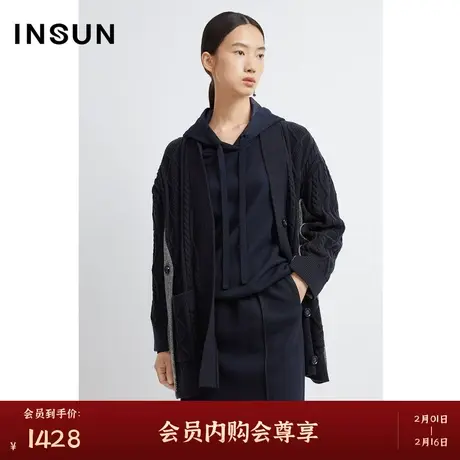 INSUN恩裳冬季复古绞花宽松羊毛毛织衫开衫商品大图