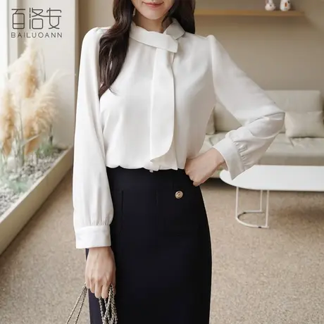 百洛安洋气飘带领衬衫女2024春季新款设计感上衣别致宽松长袖衬衣图片