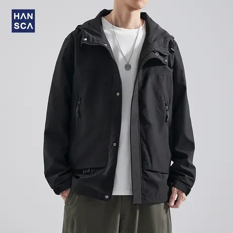 hansca秋季工装夹克男宽松户外防风连帽拼接刺绣大码翻领休闲外套商品大图