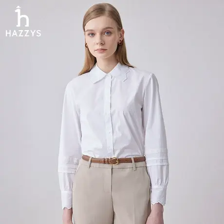 【商场同款】Hazzys哈吉斯白色局部镂空绣花长袖衬衫女士新款衬衣图片