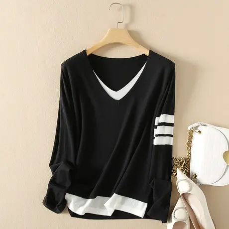 美丽诺羊毛针织衫假两件套春装女2024新款宽松内搭打底衫外套毛衣图片