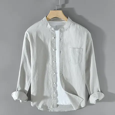 棉麻休闲衬衫男纯色衬衣男士春秋季新款外套中式立领外穿宽松港风图片