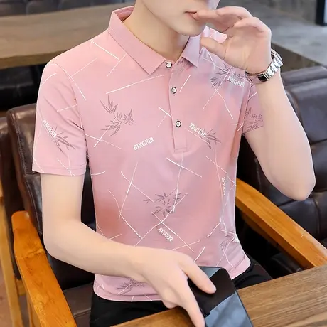 夏季潮流冰丝翻领男装体恤POLO衫2023新款有带领短袖男T恤衣服商品大图