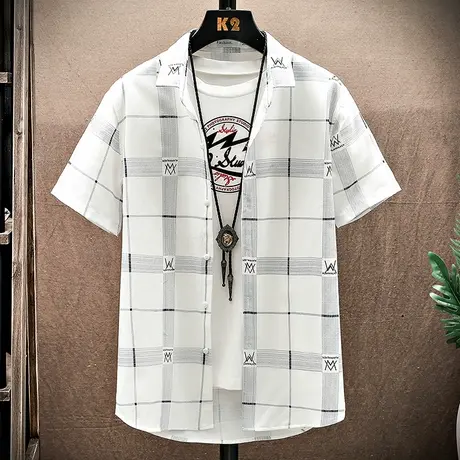 格子短袖衬衫男夏季新款休闲男士外套潮牌痞帅条纹衬衣男装上衣服图片