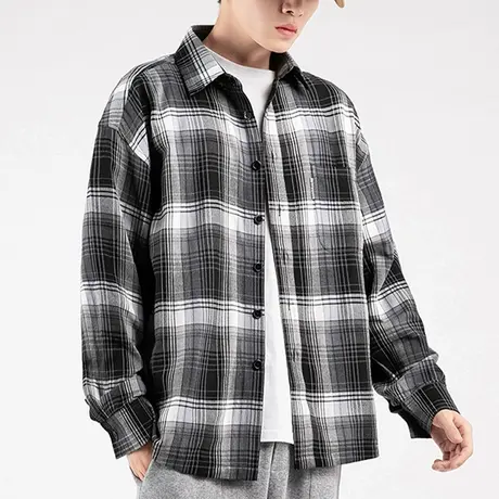 格子衬衫男长袖春秋季港风日系宽松痞帅衬衣男士潮牌翻领休闲外套商品大图
