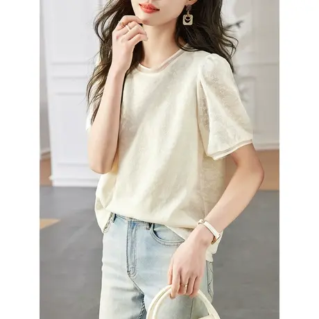 时尚淑女温柔短袖T恤2023年夏季新款甜美圆领宽松显瘦通勤上衣商品大图