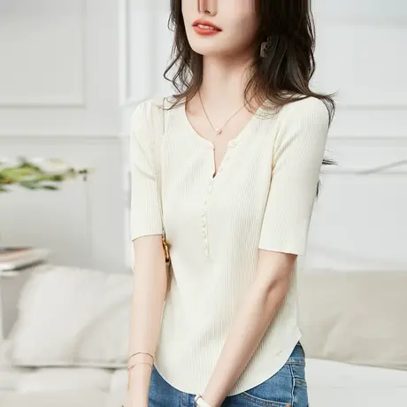 时尚气质短袖针织衫2023年夏季新款淑女温柔低圆领修身显瘦上衣商品大图