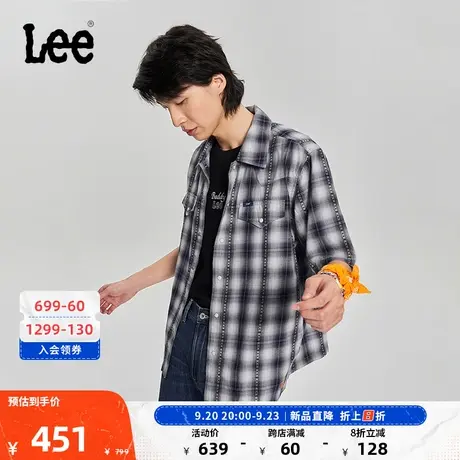 Lee商场同款101+23新品舒适版型藏青色提花格纹男短袖衬衫潮商品大图