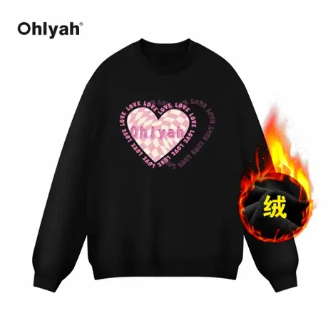 Ohlyah黑色圆领爱心卫衣女秋冬款中长款加绒加厚宽松套头印花上衣商品大图