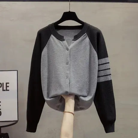 条纹针织开衫女2023秋装新款宽松外穿上衣外搭圆领拼色毛衣外套潮商品大图