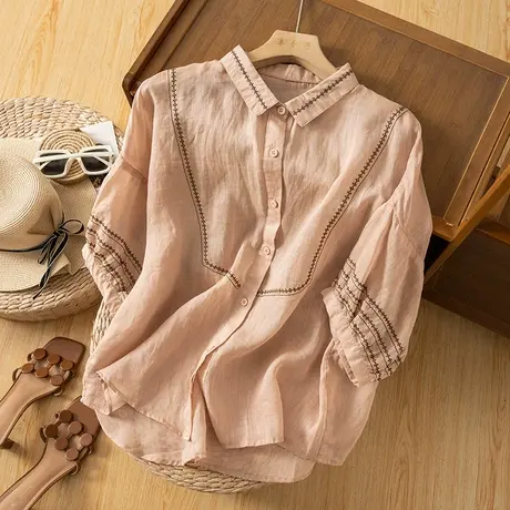 享永子中袖苎麻衬衫女夏文艺复古宽松显瘦棉麻上衣设计感2023新款图片