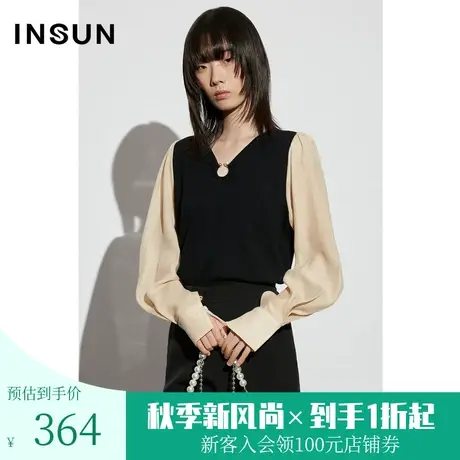 [新都会]恩裳COVER2023春款新款时尚假两件撞色拼接丝毛混纺上衣商品大图