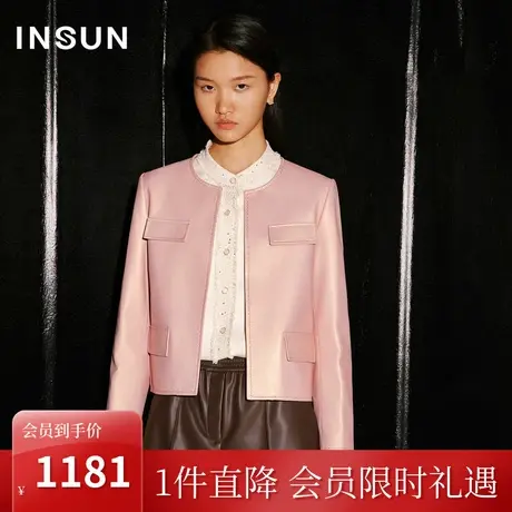 [小香风系列]恩裳COVER2023年秋季新款气质正肩小圆领绵羊皮外套商品大图