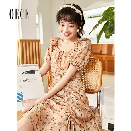Oece夏装新款女清新法式复古方领系带碎花裙子连衣裙图片