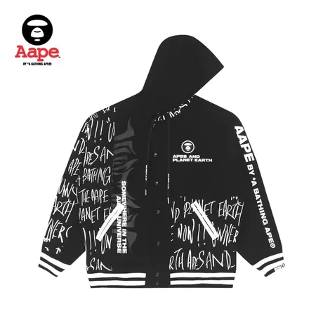 Aape旗舰店男装秋冬猿颜印花字母拼接摁扣连帽卫衣外套3826XXH图片