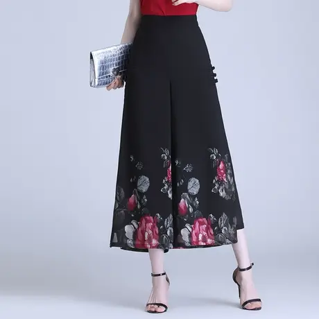 印花裙裤女夏季2023新款高腰宽松大码雪纺阔腿裤中老年九分休闲裤商品大图