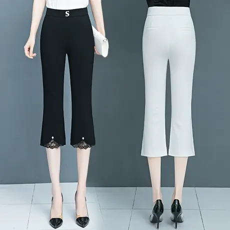 时尚微喇裤女2023夏季薄款高腰显瘦七分裤大码蕾丝拼接冰丝喇叭裤图片
