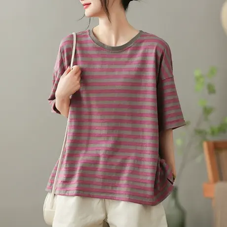 dza复古条纹短袖T恤女2023夏季薄款纯棉打底体恤宽松显瘦套头上衣商品大图