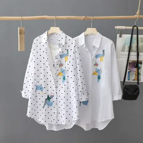 秋装新款中长款刺绣圆点衬衫女长袖宽松休闲薄外套衬衣打底衫上衣图片