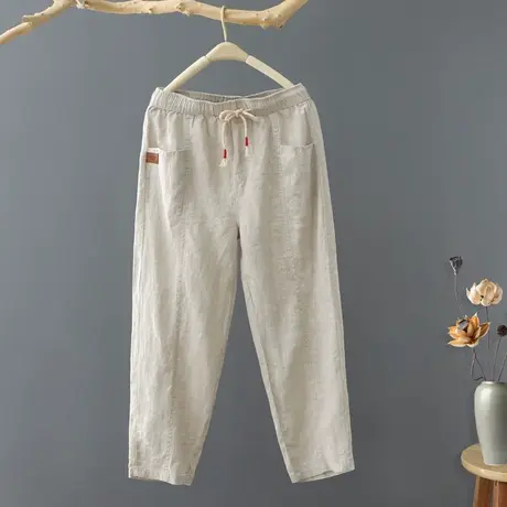 春夏新款文艺范松紧高腰棉麻九分裤女宽松亚麻休闲裤纯色八分女裤图片