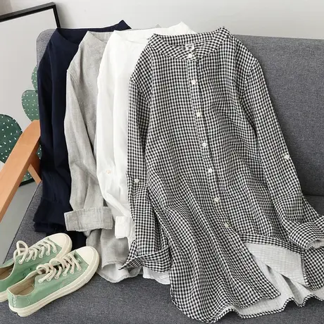 春装新款日系纯棉格子衬衫女2020宽松显瘦韩版长袖中长款白衬衣女图片