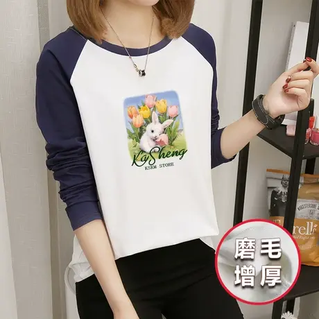 磨毛长袖t恤女纯棉圆领宽松打底衫2023年早春时尚插肩袖显瘦上衣商品大图