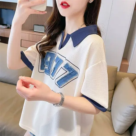 设计感小众短袖t恤女夏季韩版宽松polo领撞色华夫格假两件上衣服图片