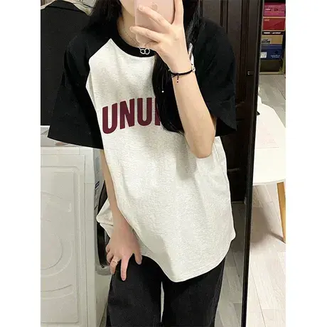 纯棉撞色插肩短袖t恤女夏季设计感小众潮牌宽松复古港味chic上衣图片