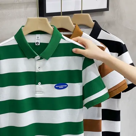 条纹t恤男士短袖2023新款潮流ins商务有领上衣服Polo衫男夏季薄款商品大图