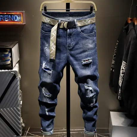 夏季潮牌破洞牛仔裤男直筒休闲长裤子男百搭乞丐裤子男宽松韩版潮商品大图