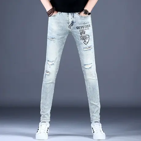 新款男士秋款牛仔裤子时尚烫钻印花修身小脚裤2023男潮牌破洞休闲商品大图