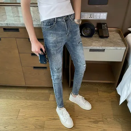 蓝色猫爪破洞牛仔裤男潮2022春季新款修身小脚裤弹力显瘦青年长裤商品大图