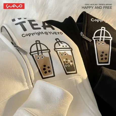 悦游 milktea猫奶茶 原创春季外套男猫咪可爱加绒连帽开衫卫衣男商品大图