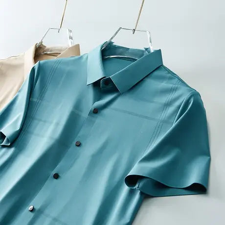 衬衫男短袖夏季免烫抗皱衬衣休闲百搭男士商务正装无痕格子寸衫潮图片